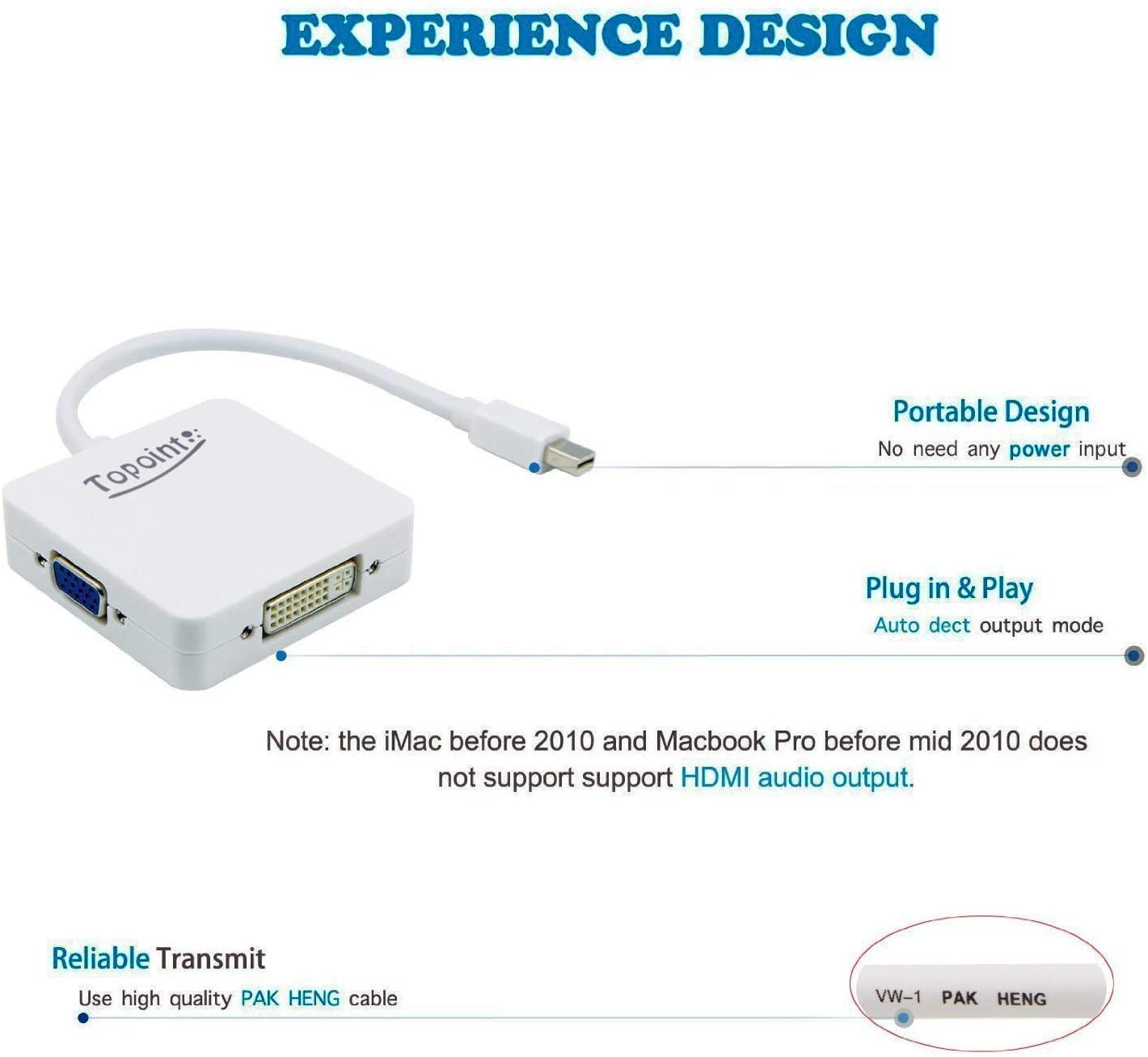 TOPOINT 3 in 1 Mini Displayport DP Thunderbolt to HDMI DVI VGA Adapter Converter Cable for MacBook Air, Old MacBook/MacBook Pro Before Mid 2015 TOPOINT 3 in 1 Mini Displayport DP Thunderbolt to HDMI DVI VGA Adapter Converter Cable for MacBook Air, Old MacBook/MacBook Pro Before Mid 2015